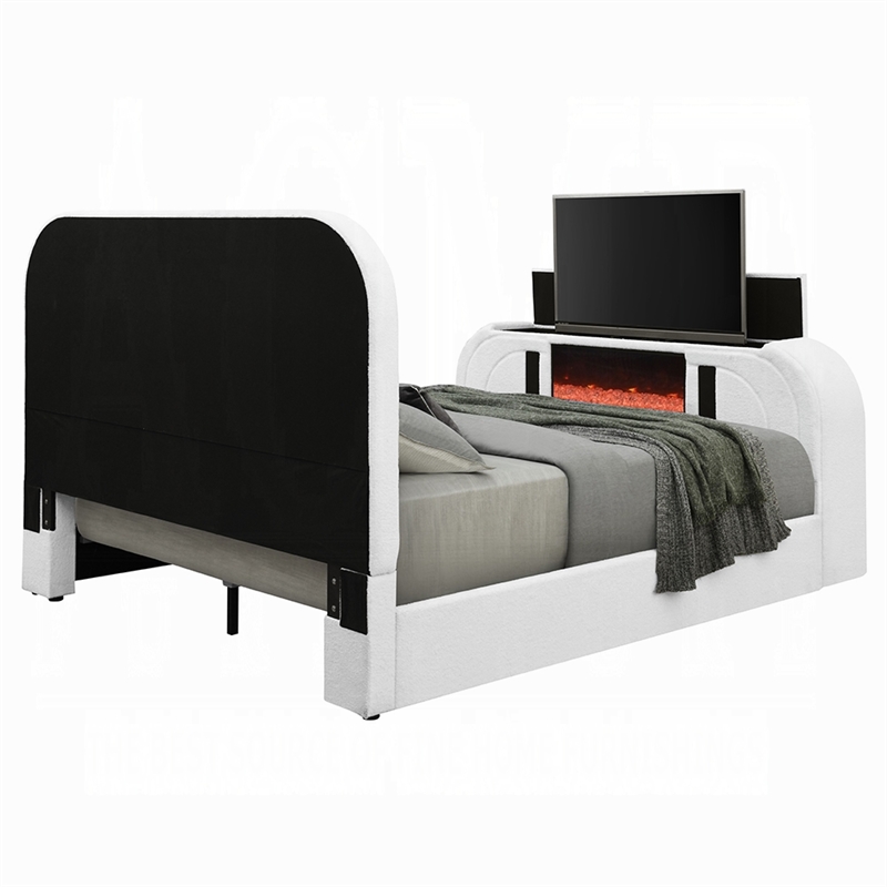 Kery Queen Bed with TV Lift- LED Fireplace- Bluetooth- White Teddy Sherpa