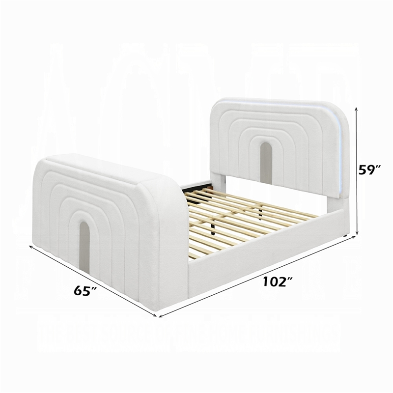 Kery Queen Bed with TV Lift- LED Fireplace- Bluetooth- White Teddy Sherpa