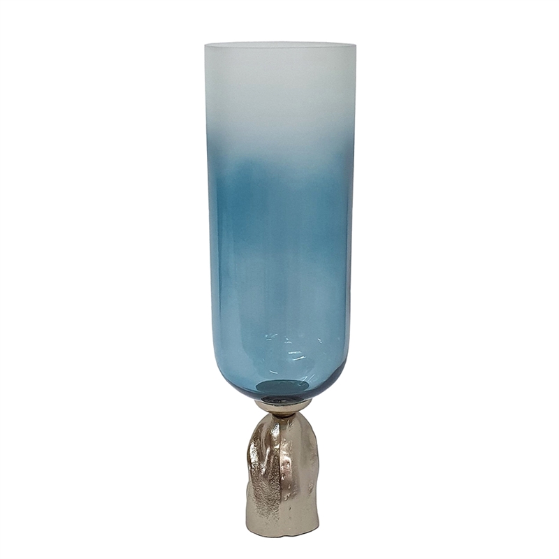 Joane Tall Decorative Vase- Gold Aluminum Stand- Blue-White Glass 21 Inch