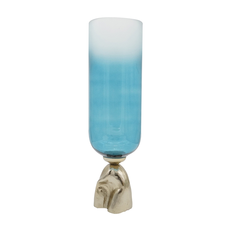 Joane Tall Decorative Vase- Gold Aluminum Stand- Blue-White Glass 21 Inch