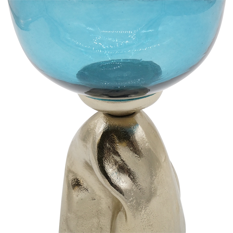 Joane Tall Decorative Vase- Gold Aluminum Stand- Blue-White Glass 21 Inch