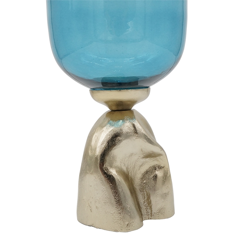 Joane Tall Decorative Vase- Gold Aluminum Stand- Blue-White Glass 21 Inch