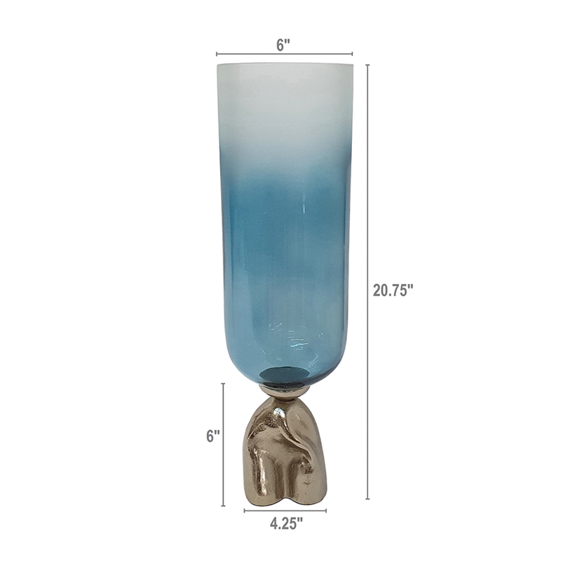 Joane Tall Decorative Vase- Gold Aluminum Stand- Blue-White Glass 21 Inch