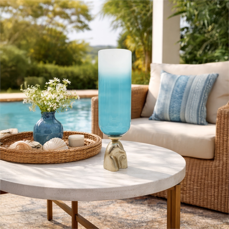 Joane Tall Decorative Vase- Gold Aluminum Stand- Blue-White Glass 21 Inch