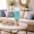 Joane Tall Decorative Vase- Gold Aluminum Stand- Blue-White Glass 21 Inch