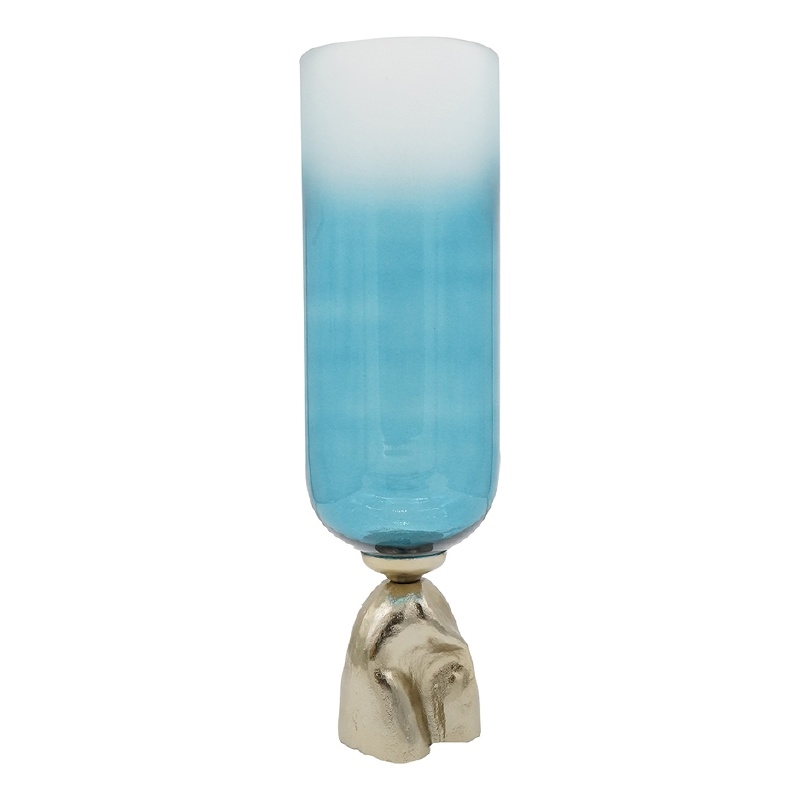 Joane Tall Decorative Vase- Gold Aluminum Stand- Blue-White Glass 21 Inch