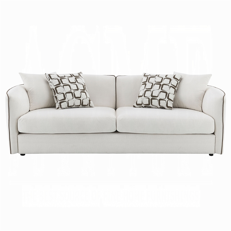 Yoda Sofa with 4 Throw Pillows- Foam Beige Chenille- Brown Trim 91 Inch