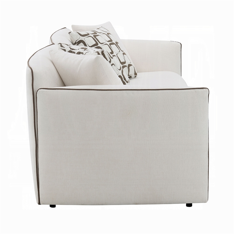 Yoda Sofa with 4 Throw Pillows- Foam Beige Chenille- Brown Trim 91 Inch