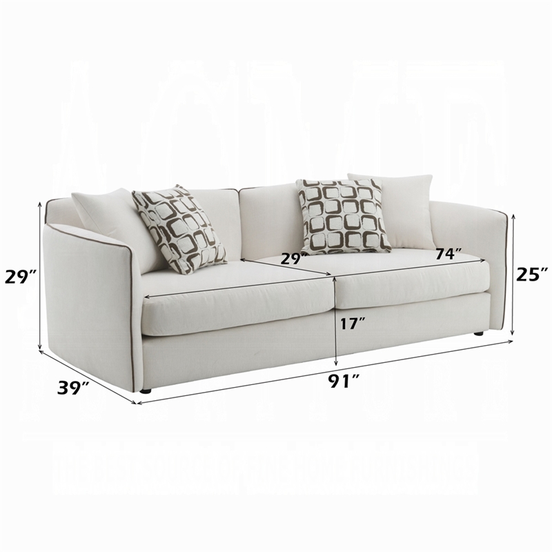 Yoda Sofa with 4 Throw Pillows- Foam Beige Chenille- Brown Trim 91 Inch