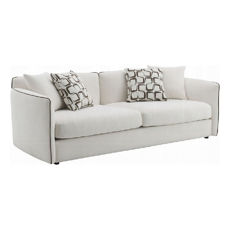Yoda Sofa with 4 Throw Pillows- Foam Beige Chenille- Brown Trim 91 Inch