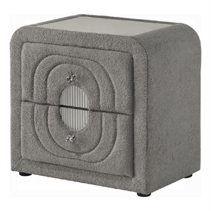 Kery Nightstand- 2 Drawers- Glass Top- Gray Teddy Sherpa Upholstery