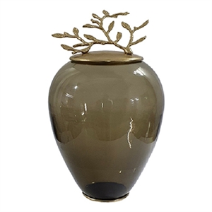 Abby Decorative Jar with Gold Aluminum-Brass Leaf Lid- Green Glass 14 Inch