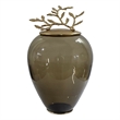Abby Decorative Jar with Gold Aluminum-Brass Leaf Lid- Green Glass 14 Inch
