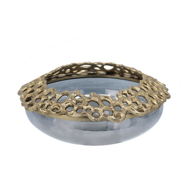 Brian Decorative Bowl with Gold Aluminum Sculpted Lid- Black Glass 12 Inch