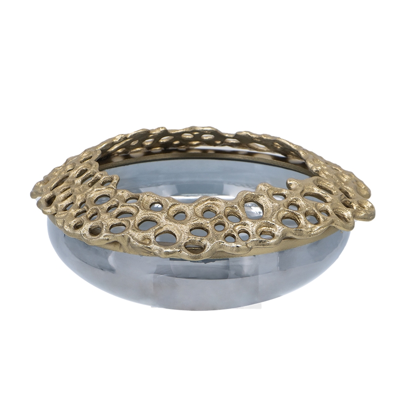 Brian Decorative Bowl with Gold Aluminum Sculpted Lid- Black Glass 12 Inch