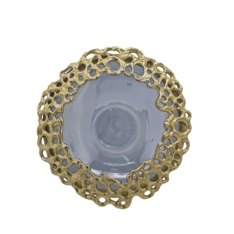 Brian Decorative Bowl with Gold Aluminum Sculpted Lid- Black Glass 12 Inch