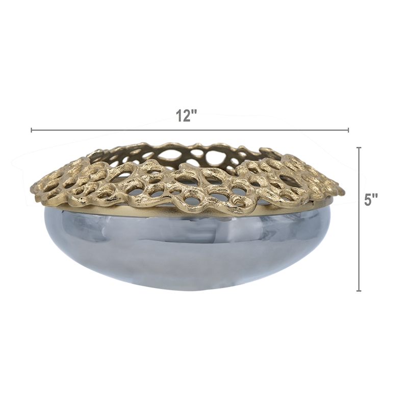 Brian Decorative Bowl with Gold Aluminum Sculpted Lid- Black Glass 12 Inch