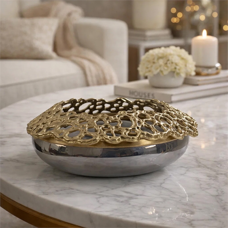Brian Decorative Bowl with Gold Aluminum Sculpted Lid- Black Glass 12 Inch