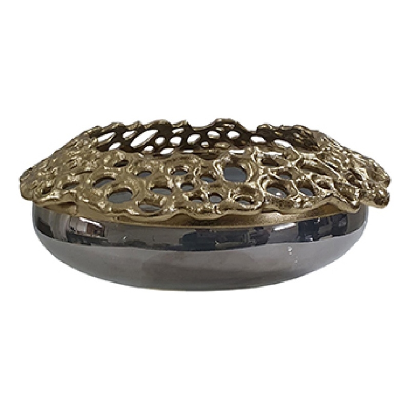Brian Decorative Bowl with Gold Aluminum Sculpted Lid- Black Glass 12 Inch