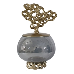 Marcy Decor Jar- Perforated Design Gold Aluminum Lid- Black Glass- 12 Inch