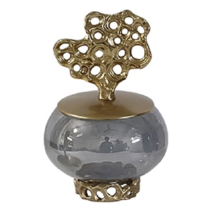 Marcy Decor Jar- Perforated Design Gold Aluminum Lid- Black Glass- 10 Inch