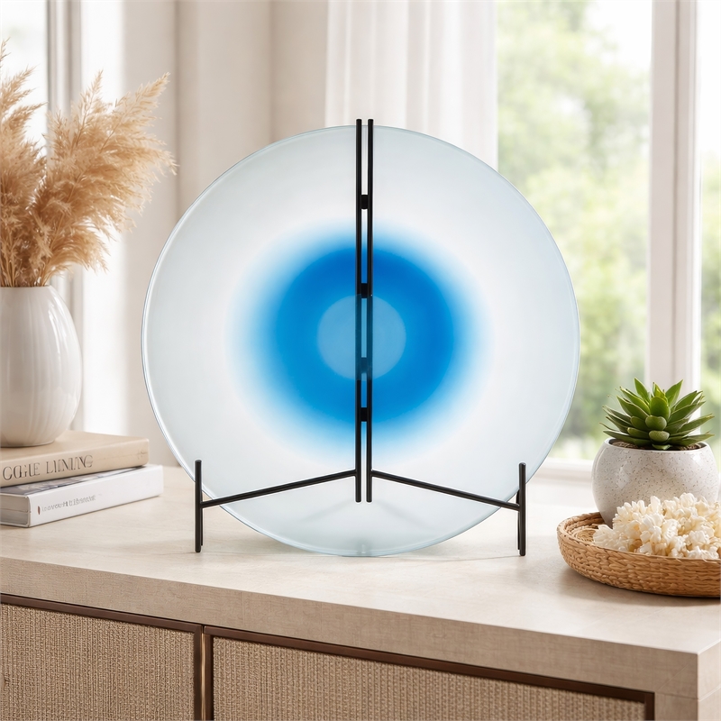 Chloe Handmade Charger Plate- Blue Glass Gradient- Black Stand 18 Inch