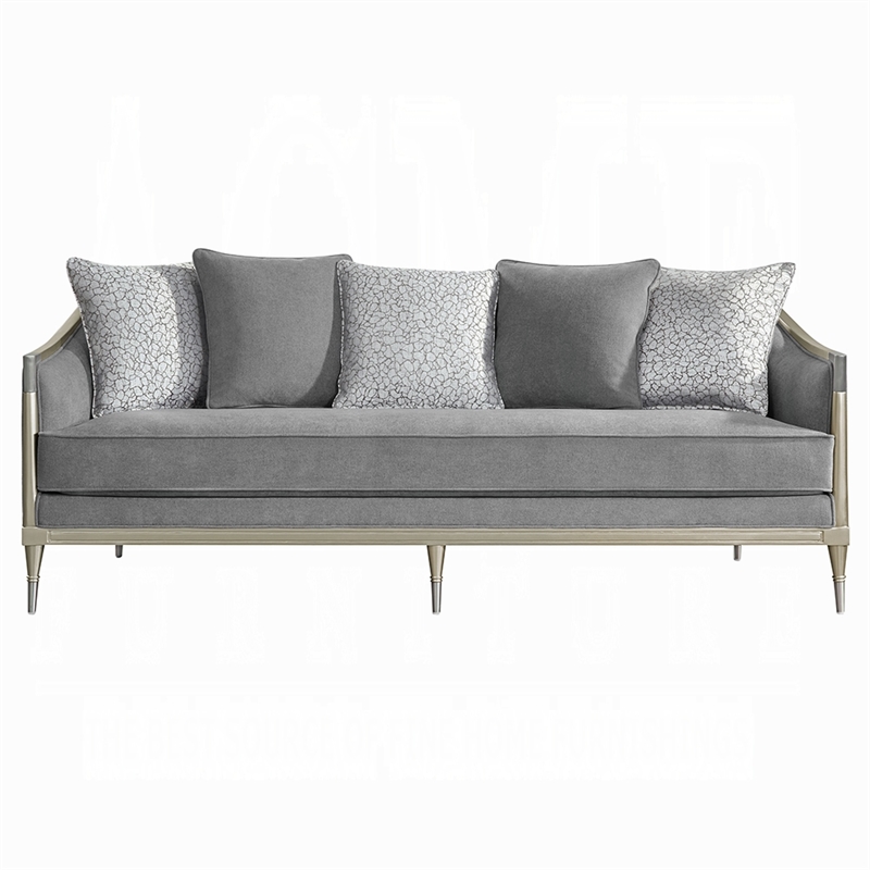 Fero Sofa with 5 Pillows- Gray Chenille- Champagne Wood Trim- 87 Inch