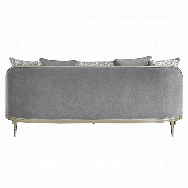 Fero Sofa with 5 Pillows- Gray Chenille- Champagne Wood Trim- 87 Inch