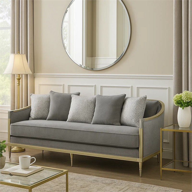 Fero Sofa with 5 Pillows- Gray Chenille- Champagne Wood Trim- 87 Inch