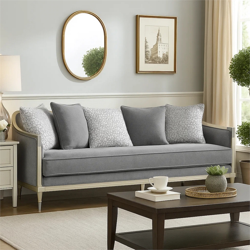 Fero Sofa with 5 Pillows- Gray Chenille- Champagne Wood Trim- 87 Inch