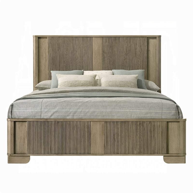 Leky King Bed- LED Headboard- Fluted Patterns- Antique Oak Brown Wood