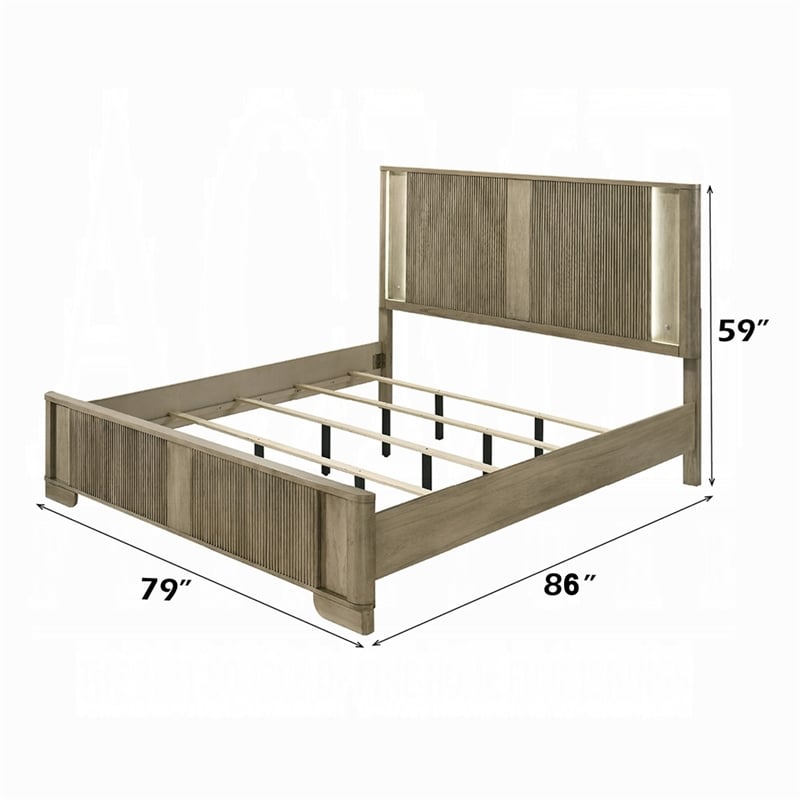 Leky King Bed- LED Headboard- Fluted Patterns- Antique Oak Brown Wood