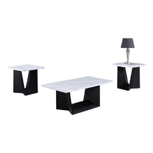Ady 3pc Coffee and End Table Set- Rectangular White Faux Marble Top- Black