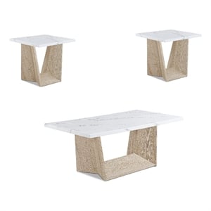 Ady 3pc Coffee and End Table Set- Rectangular Faux Marble Top- White Oak Base