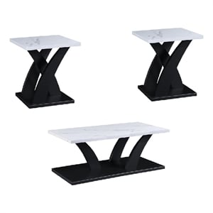 Zen 3pc Coffee and End Table Set- White Faux Marble- Black Legs