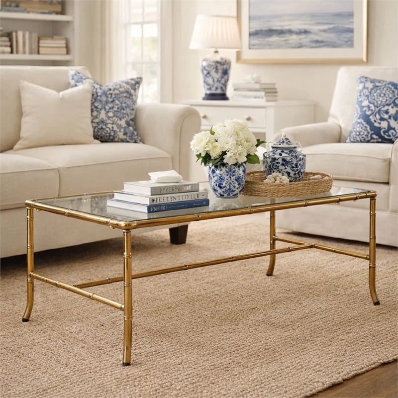 Coffee Table- 36 Inch Rectangular Glass Top- Antique Gold Iron Frame