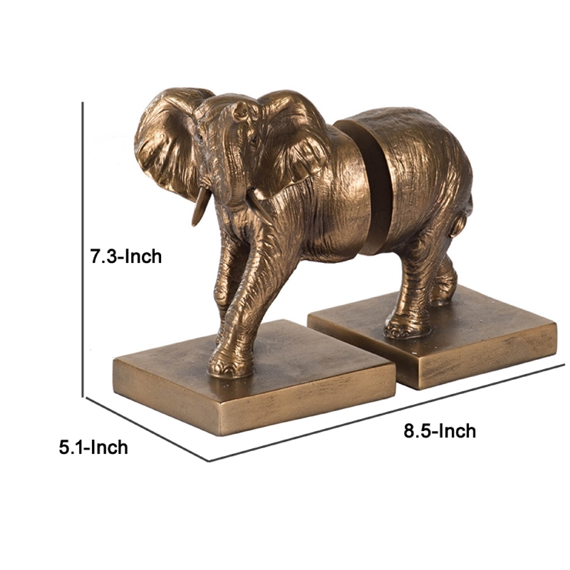 Nimy Decorative Bookend Set of 2- Trumpeting Elephant- Bronze Polyresin