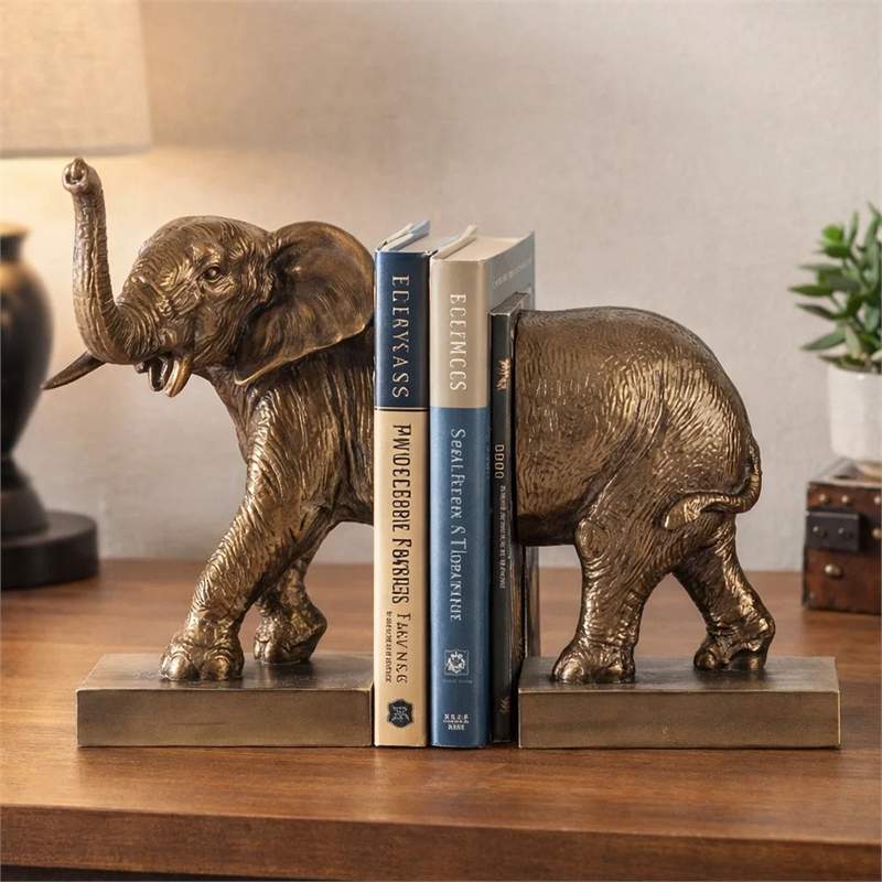 Nimy Decorative Bookend Set of 2- Trumpeting Elephant- Bronze Polyresin
