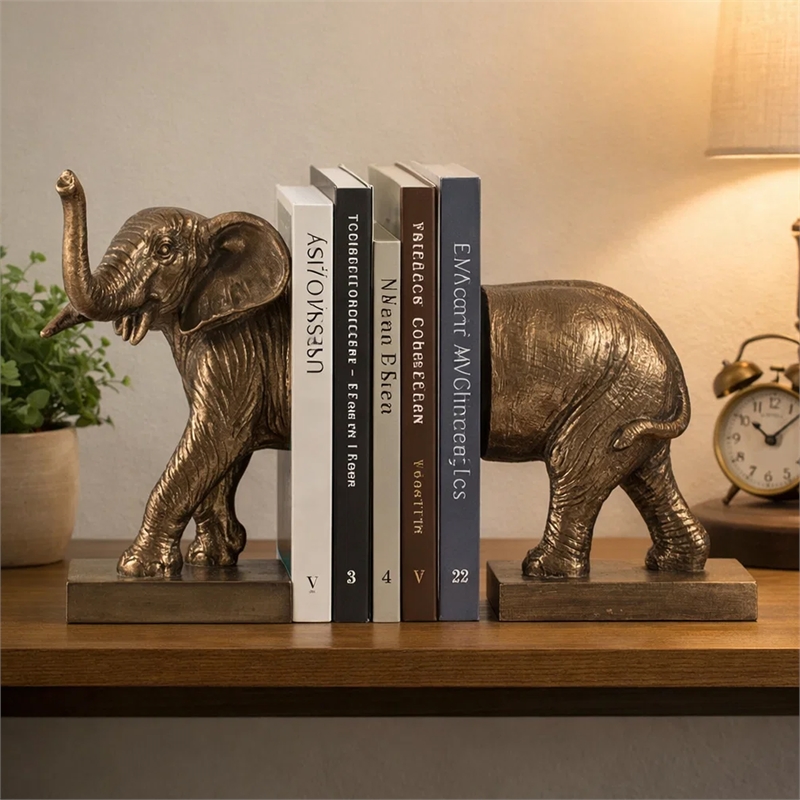 Nimy Decorative Bookend Set of 2- Trumpeting Elephant- Bronze Polyresin