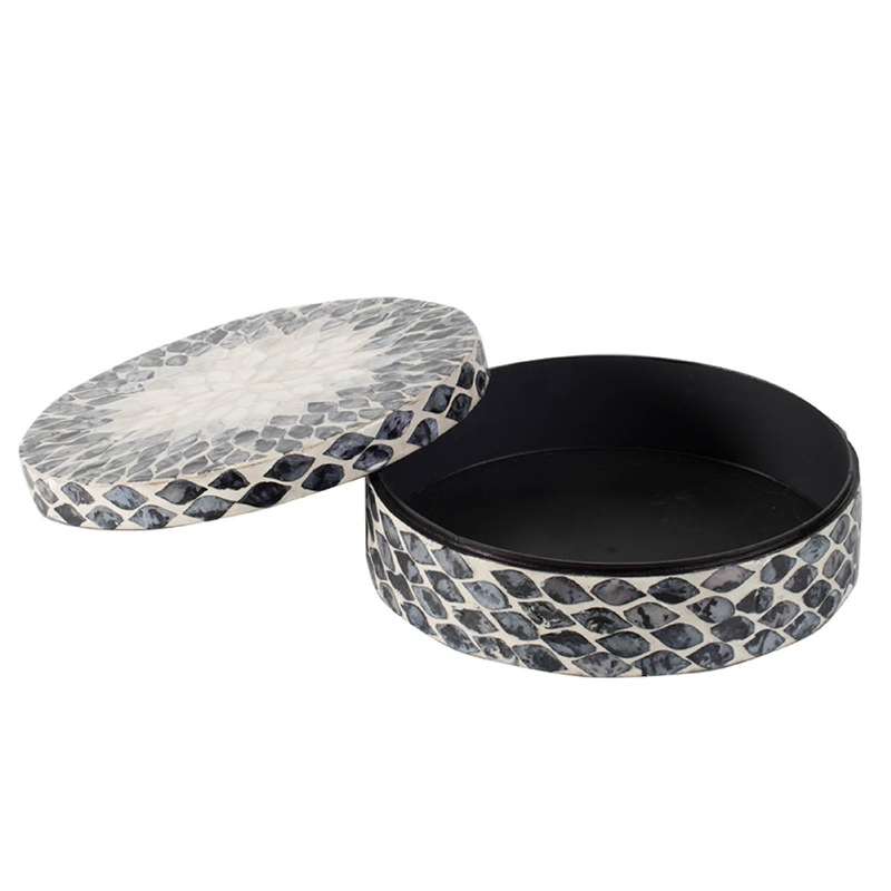Decorative Box- 10 Inch Round White- Black Mother of Pearl Inlay- Capiz