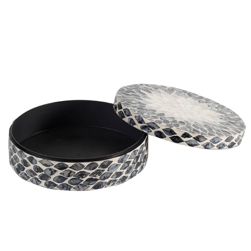 Decorative Box- 10 Inch Round White- Black Mother of Pearl Inlay- Capiz