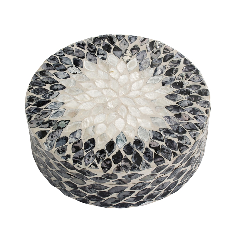 Decorative Box- 10 Inch Round White- Black Mother of Pearl Inlay- Capiz