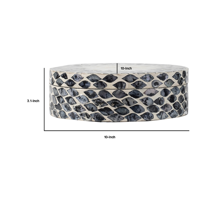 Decorative Box- 10 Inch Round White- Black Mother of Pearl Inlay- Capiz