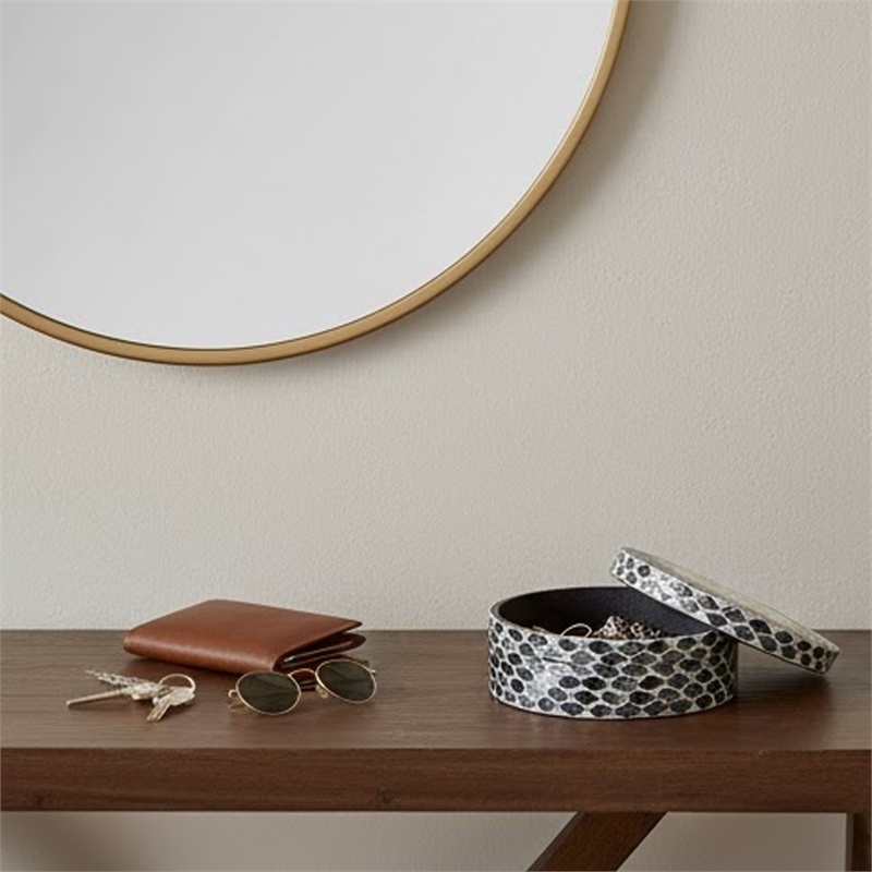 Decorative Box- 10 Inch Round White- Black Mother of Pearl Inlay- Capiz