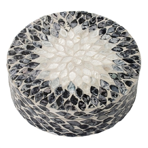 Decorative Box- 10 Inch Round White- Black Mother of Pearl Inlay- Capiz