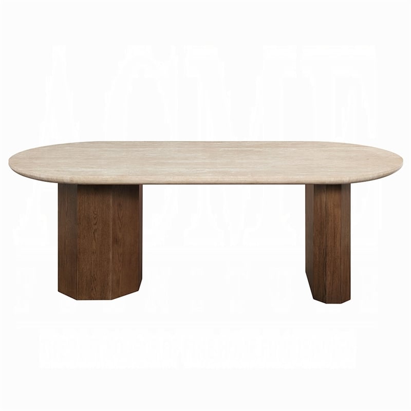 Hery Dining Table- 87 Inch Oval Beige Travertine Stone Top- Oak Brown