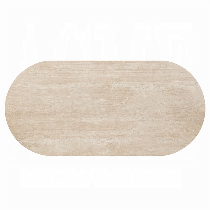 Hery Dining Table- 87 Inch Oval Beige Travertine Stone Top- Oak Brown