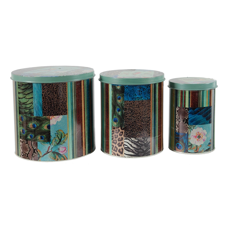 Yuva Decorative Box Set of 3- Animal Motifs and Stripes- Green Tin Metal