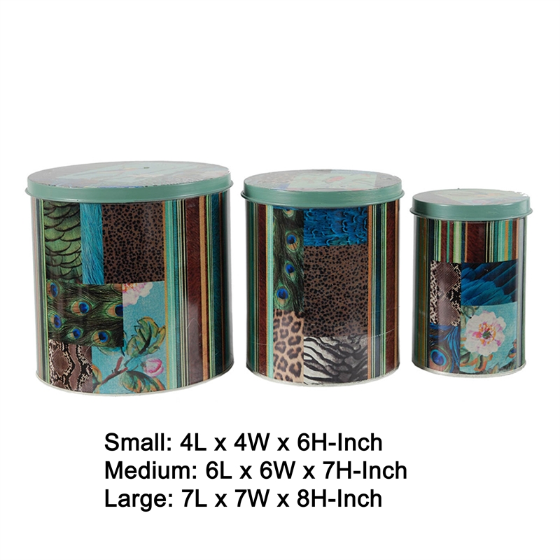 Yuva Decorative Box Set of 3- Animal Motifs and Stripes- Green Tin Metal