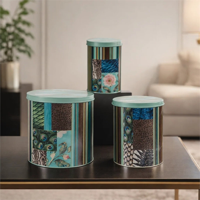 Yuva Decorative Box Set of 3- Animal Motifs and Stripes- Green Tin Metal